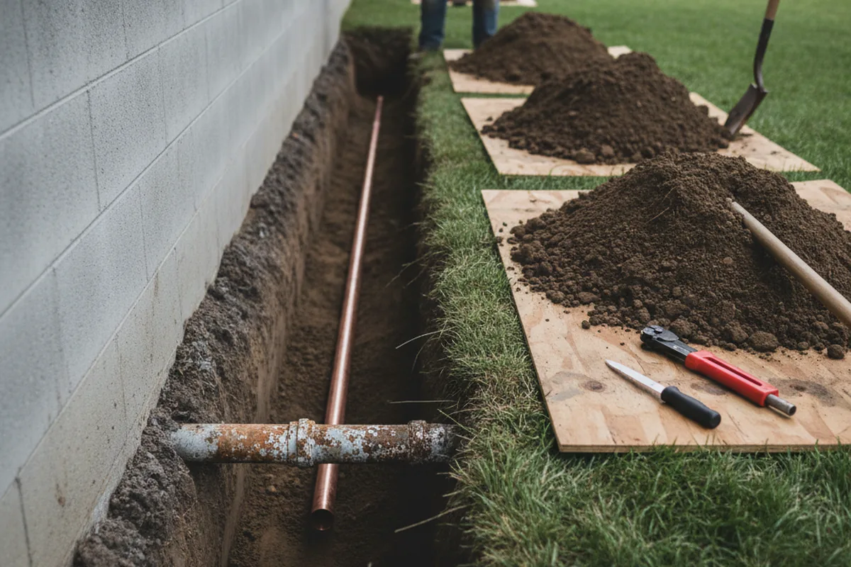 Excavated water line trench during Water Softener Installation in Grassy Creek